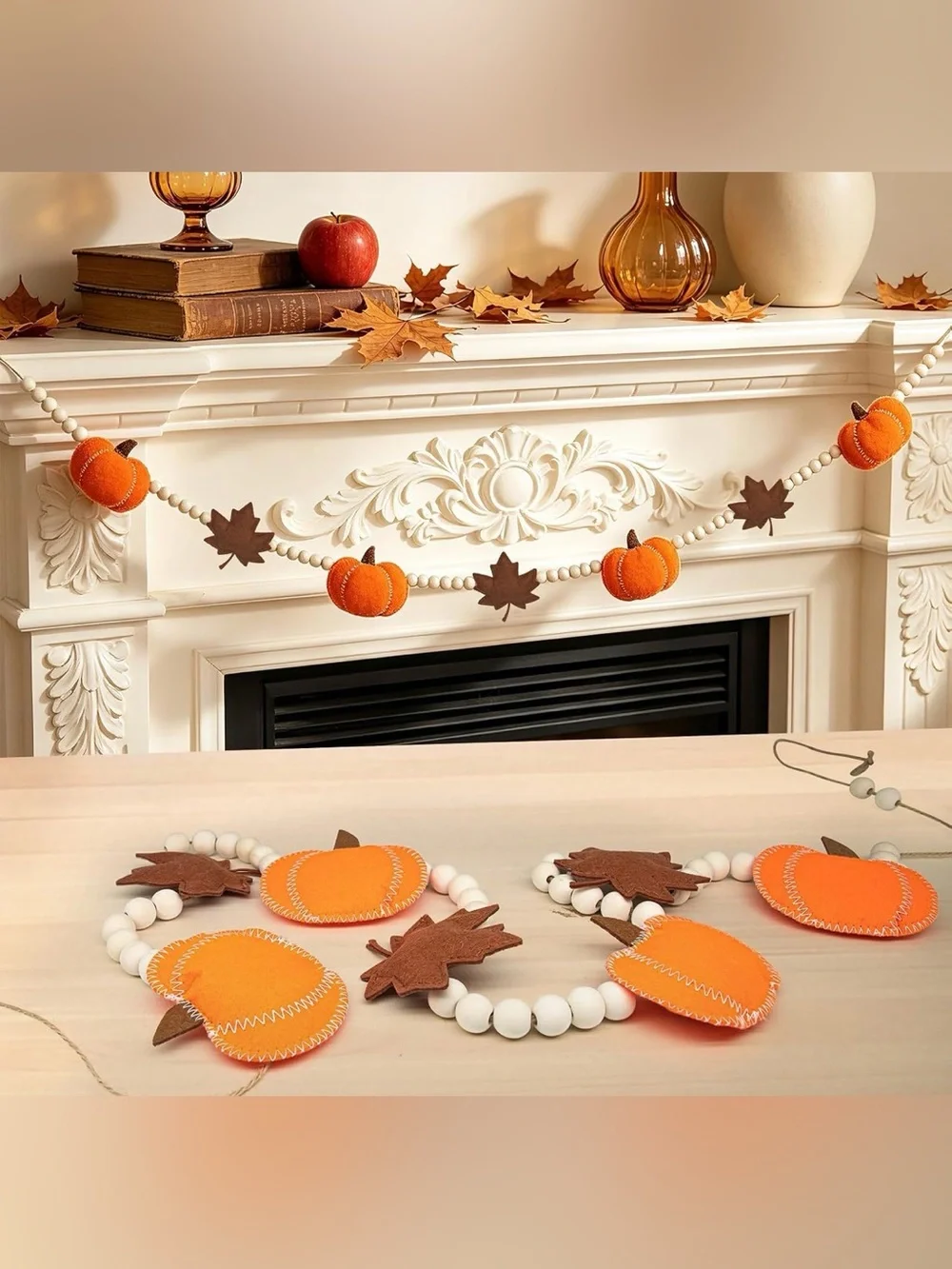 NWT 6.8 FT Fall Pumpkin Garland with Maple Leaves and Wood Beads